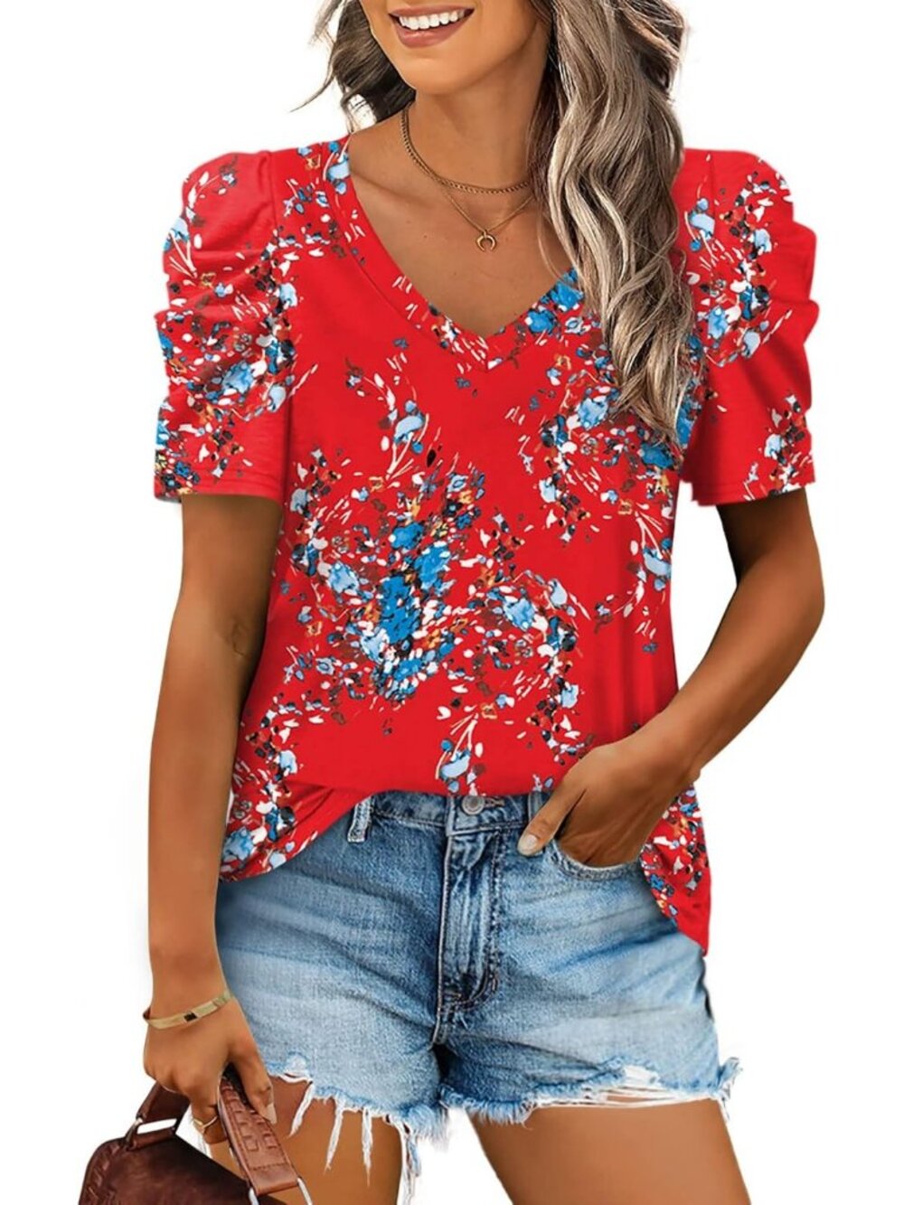 Women's Red Floral Polyester Blend Puff Sleeve V Neck Pull On Henley Shirts